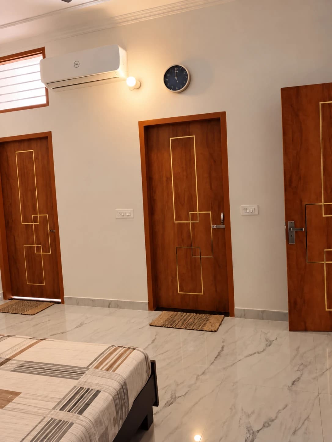 Bedroom with wooden doors